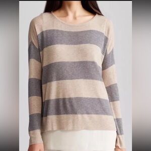 EILEEN FISHER SLEEK TENCEL MERINO RIB STRIPE ROUND NECK BOX TOP  Sz LARGE NWT
